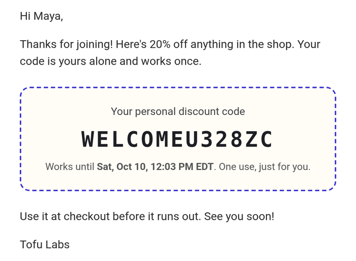 A Kit email showing a personal code, WELCOMEK7Q2MX, that works until Friday 6:00 PM