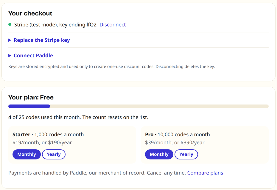 The Expiring Codes settings page with Stripe connected