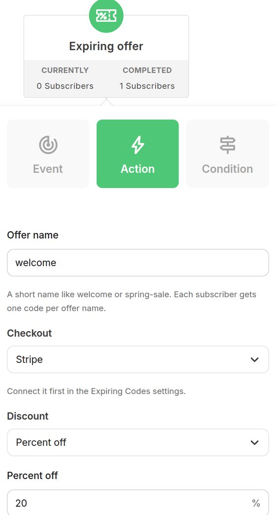 The Expiring offer step settings in a Kit Visual Automation